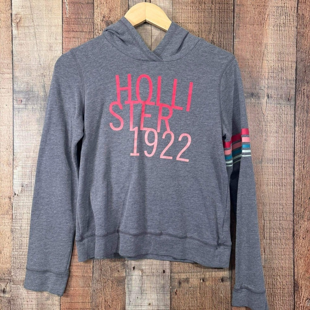 Hollister Womens Gray Graphic Hoodie Sweatshirt Medium 1922 Logo Athleisure